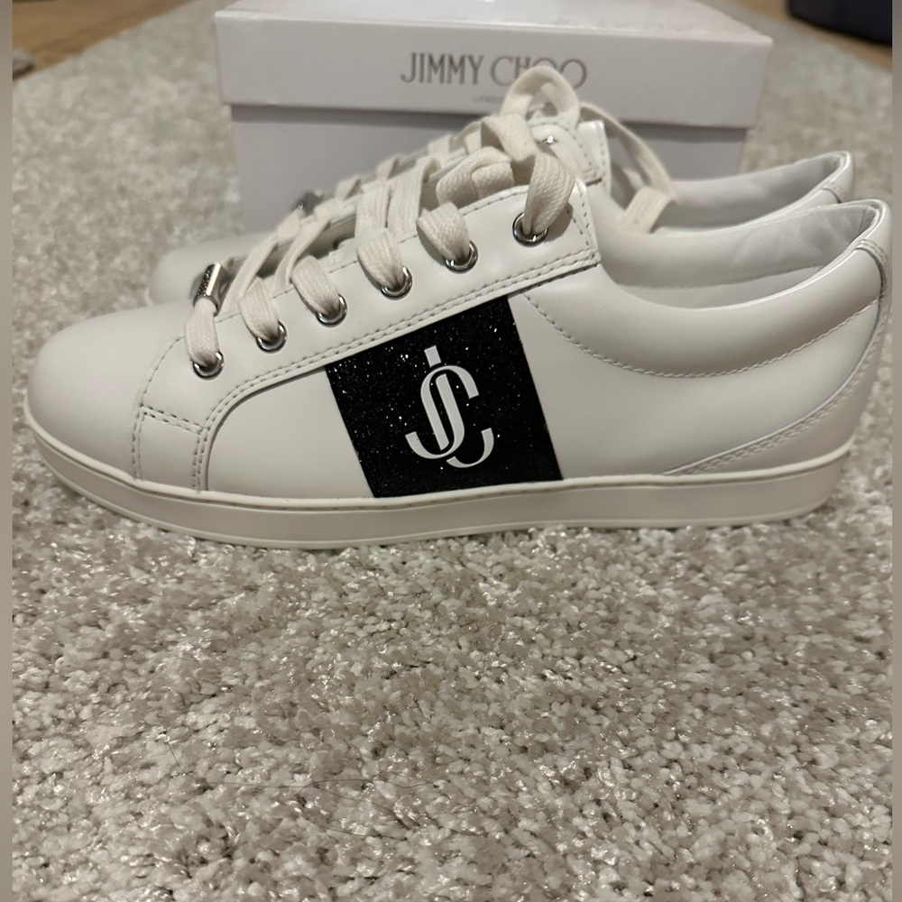 Jimmy Choo White Leather Sneakers with Black Logo Panel